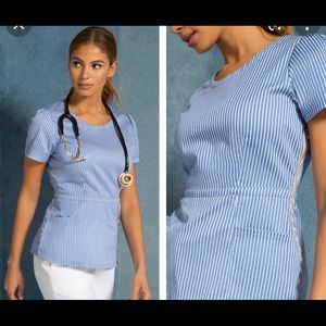 Jaanuu Peplum Scrub Top- Striped Blues